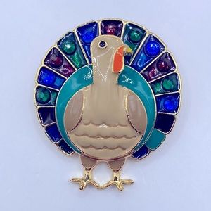 Vintage Thanksgiving Turkey Pendant Brooch - Enamel & Rhinestone Gold Tone